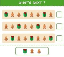 What's comes next educational game of cartoon christmas. Find the regularity and continue the row task. Educational game for pre shool years kids and toddlers vector