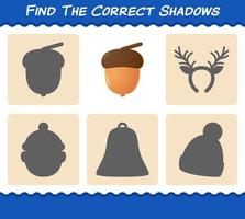 Find the correct shadows of acorn christmas. Searching and Matching game. Educational game for pre shool years kids and toddlers vector