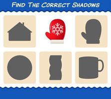 Find the correct shadows of mitten. Searching and Matching game. Educational game for pre shool years kids and toddlers vector