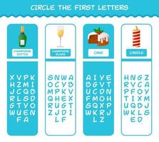 Circle the first letters of cartoon christmas. Matching game. Educational game for pre shool years kids and toddlers vector