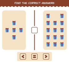 Find the correct answers of cartoon gift box. Searching and Counting game. Educational game for pre shool years kids and toddlers vector