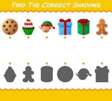 encuentra las sombras correctas de la navidad de dibujos animados. juego de búsqueda y combinación. juego educativo para niños y niños pequeños en edad preescolar vector