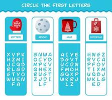 Circle the first letters of cartoon christmas. Matching game. Educational game for pre shool years kids and toddlers vector