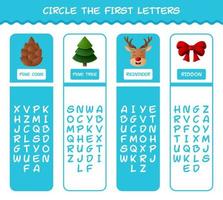 Circle the first letters of cartoon christmas. Matching game. Educational game for pre shool years kids and toddlers vector