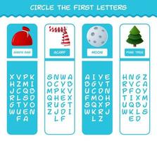 Circle the first letters of cartoon christmas. Matching game. Educational game for pre shool years kids and toddlers vector