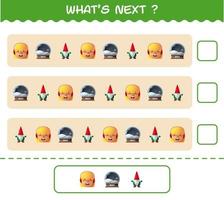What's comes next educational game of cartoon christmas. Find the regularity and continue the row task. Educational game for pre shool years kids and toddlers vector
