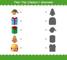 encuentra las sombras correctas de la navidad de dibujos animados. juego de búsqueda y combinación. juego educativo para niños y niños pequeños en edad preescolar vector