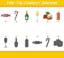 encuentra las sombras correctas de la navidad de dibujos animados. juego de búsqueda y combinación. juego educativo para niños y niños pequeños en edad preescolar vector