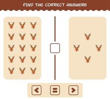 Find the correct answers of cartoon reindeer. Searching and Counting game. Educational game for pre shool years kids and toddlers vector