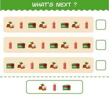 What's comes next educational game of cartoon christmas. Find the regularity and continue the row task. Educational game for pre shool years kids and toddlers vector