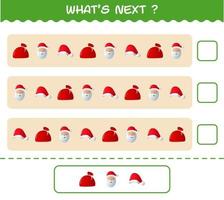 What's comes next educational game of cartoon christmas. Find the regularity and continue the row task. Educational game for pre shool years kids and toddlers vector