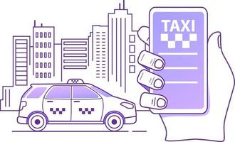 concepto de aplicación móvil de orden de servicio de taxi en línea. mano que sostiene la aplicación de teléfono inteligente. silueta de la ciudad con rascacielos. vector de ilustración de contorno plano.