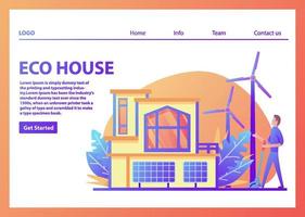 Landing page template.Green energy eco friendly suburban american house.Solar panel, wind power turbine.Family home facade.Flat vector.Web page.Website template.Young man includes  character cartoon. vector