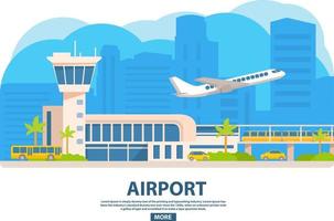 Airport building horizontal banner.Travel concept.Different types of public transport. Electric train,yellow taxi cab,tourist bus.Passenger airlines plane.Dispatching tower of the terminal flat vector