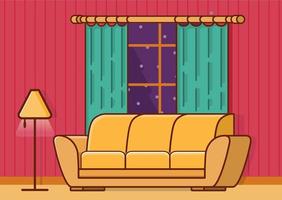 concepto del interior de la sala de estar con un sofá y una ventana con cortinas y una lámpara de pie. un vector de arte de línea de ilustración plana.