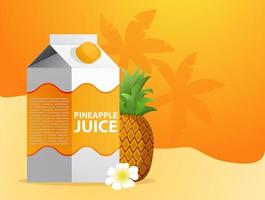 Envasado de jugo de piña en una caja de cartón. Concepto de bebida tropical sobre fondo de palma. Ilustración realista de un vector. Bebida dietética. concepto de banner publicitario de jugo de fruta. vector