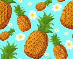 Summer realistic pineapple seamless pattern , palm leaves and flowers. An ornament concept for fabric, textiles, packing paper. Ripe pineapples on a blue background.Flat illustration vector. vector