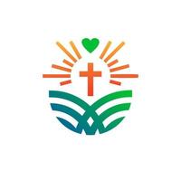 icono del logotipo de la iglesia brillante con una combinación verde de color naranja y una cruz en el interior vector