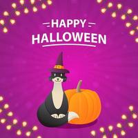 Black cat with pumpkin and garland. Halloween holiday banner. Realistic vector illustration.Website banner concept.