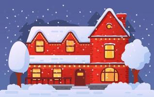 Christmas home facade decorated garland in snowfall.Flat vector illustration.Suburban red brick house.