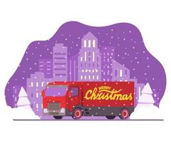 Christmas semi truck delivery .Happy New Year postcard.Winter landscape with snowy fir trees.Car front view.Vector realistic illustration.Cargo car.Night winter city skyline. vector