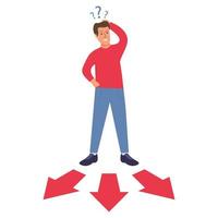 Choice way.Man standing at crossroads arrows.Guy standing choice of ways.Choosing the right road.Where is the direction to go.Young man 3-way fork in the road.Character question marks above his head. vector