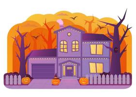 Halloween house. Old cemetery gravestone. Horror story.Night banner.Flat illustration vector. vector