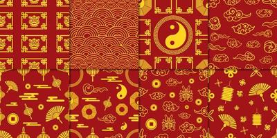 Set of Golden Chinese Pattern. Maroon Background Abstract Concept. Decorative Wallpaper. vector