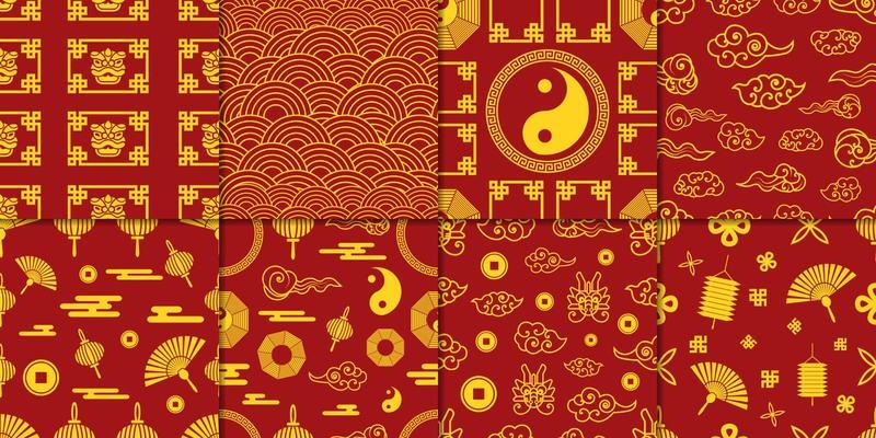 Set of Golden Chinese Pattern. Maroon Background Abstract Concept. Decorative Wallpaper.