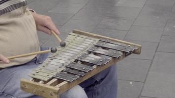 um músico de rua toca um xilofone caseiro video