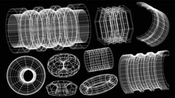 conjunto de elementos tecnológicos geométricos abstractos al estilo cyberpunk. colección retro vintage diseño digital virtual 3d. textura años 80 vr. patrón de metaverso futurista. fondo de plantilla aislada vectorial vector