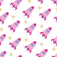 Pink rocket with star seamless pattern. Illustration for printing, backgrounds, covers, packaging, greeting cards, posters, stickers, textile and seasonal design. Isolated on white background. vector