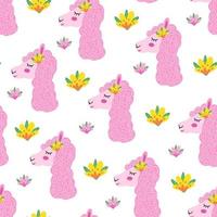 Alpaca, llama seamless pattern with flowers. Illustration for printing, backgrounds, covers, packaging, greeting cards, posters, stickers and textile. Isolated on white background. vector