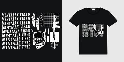 el vector puede usarse como un afiche con caras, cara de diablo y un arma con texto "cansado mentalmente". diseño de ropa de calle moderno personalizado con ilustración de maqueta de camiseta negra.