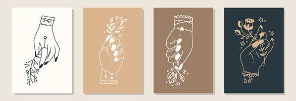 Creative minimalist hand painted magical hand line art in soft pastel color. Design for wall decoration, postcard, poster or brochure.