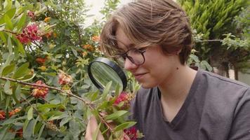 junges Mädchen untersucht Blumen mit einer Lupe video