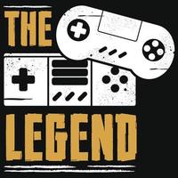 Vector illustration of a ''The legend'' text and video game controller on a dark background. Custom gamer print, hoodie, and t-shirt design vector.