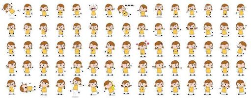 Set of cartoon vector of little girl character in yellow shirt with various poses.
