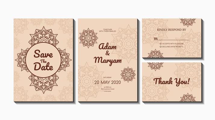 set cover content wedding invitation card with mandala, abstract frame background decoration ornament mockup greeting celebration rustic template vector illustration