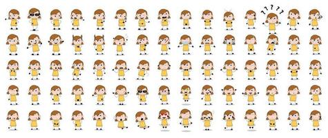 Set of cartoon vector of little girl character in yellow shirt with various poses.