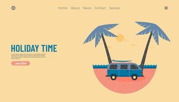 Illustration vector graphic of summer holiday concept, van car with beach background. good for web landing page