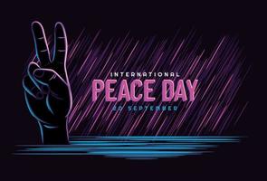 Peace Day, concept. September 20 International Day of Peace. Gesture of the hands, two fingers with neon style, symbol. Vector illustration . Isolated hand on dark background