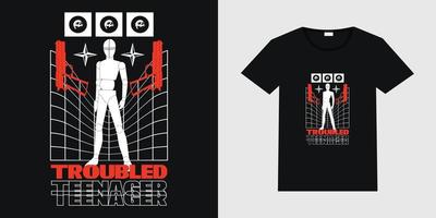 Vector can be used as a poster with a robot and guns with 'Troubled Teenager' text. Custom modern streetwear design with black t-shirt mockup illustration.