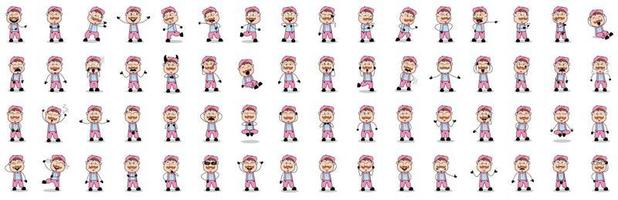 Set of cartoon vector of little boy character in hat with various poses.