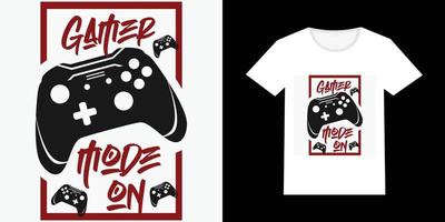 Vector illustration of a joystick with the text 'gamer mode on'. Custom gamer t-shirt design with white t-shirt mockup illustration.
