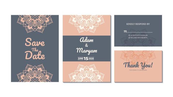 set cover content wedding invitation card with mandala, abstract frame background decoration ornament mockup greeting celebration rustic template vector illustration