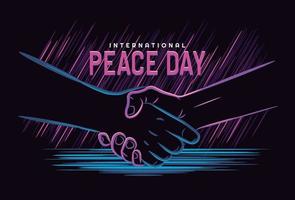 día de la paz, concepto. 21 de septiembre día internacional de la paz. ilustración de línea de apretón de manos con estilo neón, símbolo. ilustración vectorial mano aislada sobre fondo oscuro vector