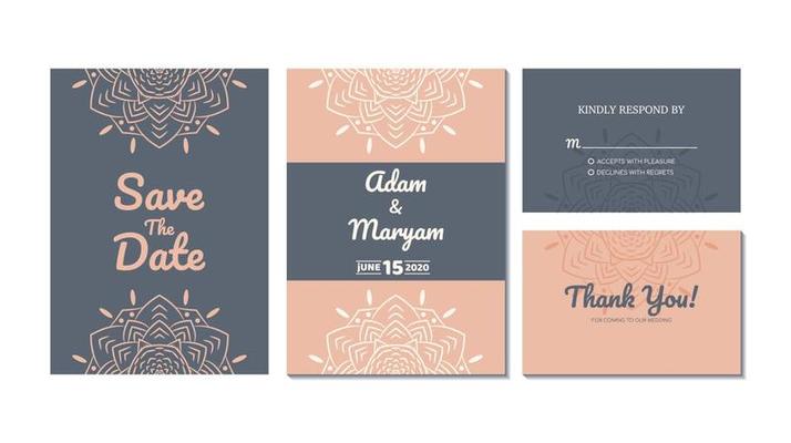 set cover content wedding invitation card with mandala, abstract frame background decoration ornament mockup greeting celebration rustic template vector illustration