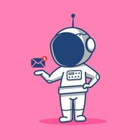 el astronauta chibi de dibujos animados notifica que hay un mensaje. ilustración de dibujos animados vector