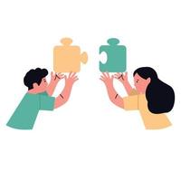 People Holding big jigsaw puzzle pieces teamwork concept vector